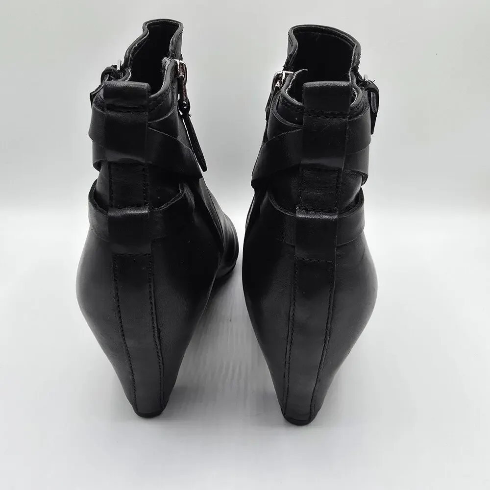 Sam‎ Edelman Maddox Mid Heel black leather strappy booties almond toe zip 9.5